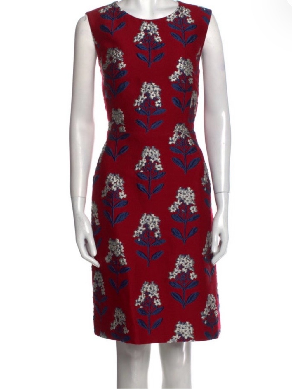 Carolina Herrera Red Floral Jacquard Sheath Dress